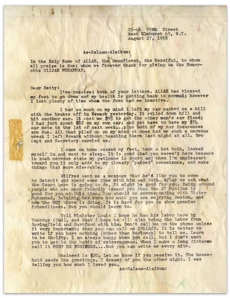 Personal Malcolm X Letter Signed From 1958 to His Wife Betty -- ''...in such nervous state my patience is short and when I'm unpleasant toward you it only adds to my already 'pained' conscience...''
